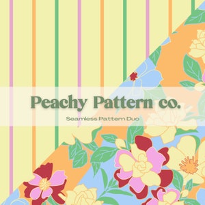 Puede incluir: Un dúo de patrones sin costuras que presenta un patrón de rayas amarillas y verdes y un patrón floral con flores amarillas, rosas y rojas sobre un fondo azul claro y naranja. El texto "Peachy Pattern co. Seamless Pattern Duo" se muestra en el centro de la imagen.