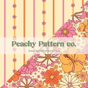 Set of 2 Retro Floral and Stripes Seamless Repeat Patterns | Commercial & Personal Use
