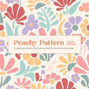 Può includere: Uno schema senza cuciture con fiori e foglie astratte in tonalità di rosa, rosso, giallo, blu e verde su uno sfondo crema. Il testo "Peachy Pattern Co. cute patterns for personal & commercial use" è visualizzato in uno striscione al centro dell'immagine.