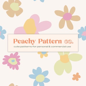 Op de afbeelding: Een naadloos patroon met pastelkleurige bloemen op een perzikkleurige achtergrond. De tekst "Peachy Pattern Co. cute patterns for personal & commercial use" wordt in het midden van de afbeelding weergegeven.