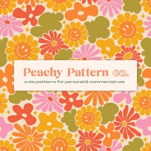 Smiley Daisy Floral Flowers Seamless Repeat Digital Pattern | Retro Background | Commercial Use