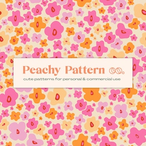 Może przedstawiać: Powtarzający się wzór kwiatowy w odcieniach różu, pomarańczy i brzoskwini na kremowym tle. Projekt przedstawia stylizowane kwiaty o estetyce retro. Wyświetlany jest tekst "Peachy Pattern Co." i "cute patterns for personal & commercial use".