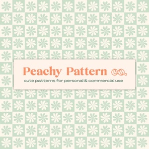May include: A seamless pattern featuring a repeating design of white stylized flowers on a light green and white checkered background. The text "Peachy Pattern Co." is displayed in orange on a light peach background.