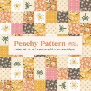 May include: A patchwork design with squares of different patterns. The patterns include daisies, suns, palm trees, and polka dots in peach, yellow, green, and cream. The text "Peachy Pattern CO." is displayed on a cream-coloured rectangle.