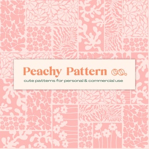 May include: A seamless pattern featuring a variety of pink and white floral and abstract designs. The pattern is tiled and repeats. The text "Peachy Pattern Co. cute patterns for personal & commercial use" is displayed in a white box.