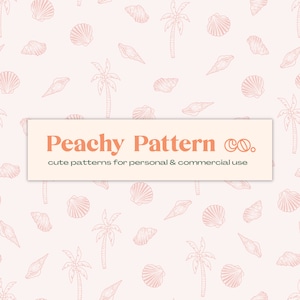 May include: A seamless pattern featuring pink palm trees and seashells on a white background. The text "Peachy Pattern Co. cute patterns for personal & commercial use" is displayed in a banner at the bottom of the image.