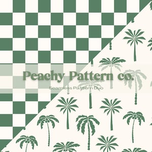 Set of 2 Green Palm Tree and Checkerboard Seamless Repeat Patterns | Commercial & Personal Use