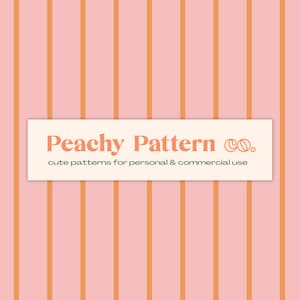 Könnte beinhalten: Peachy Pattern Co. Logo mit dem Text "Peachy Pattern Co." in Pfirsich-Orange und dem Text "cute patterns for personal & commercial use" in Dunkelgrün auf einem rosa-orangenen gestreiften Hintergrund.