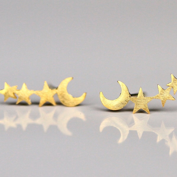 Earrings moon stars silver or gold colored ear climbers earcrawlers as a heavenly gift for you earrings as planetary jewelry