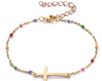 Bracelet pearl bracelet cross faith Jesus Christ colorful enamel beads stainless steel pendant gold gift women sister mother teenager