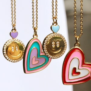 Heart necklace gold / Face necklace colorful / Gift for her / Double heart necklace / Neon jewelry / Enameled necklace gift