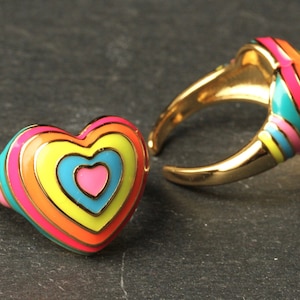 Heart ring enamel rainbow / double heart adjustable ring / gift for her / playful jewelry / heart colorful ring / trend ring