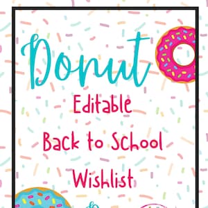 Lista de deseos editables para el aula con temática de donuts, lista de deseos de regreso a la escuela, lista de deseos de maestros de donuts, necesidades del aula