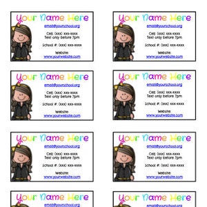 May include: Eight colorful business cards with a cartoon girl wearing a black dress and a yellow bow. Each card has the text "Your Name Here" at the top, followed by an email address, phone number, and website address.