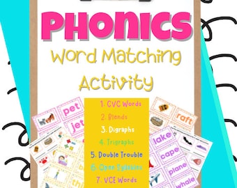 Phonics Word Matching Activities, Phonics Center, Learning Stations, Blends, Digraphs, Long Vowel, Short Vowel, First Grade, Flash cards