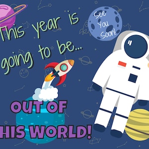 Cartão postal de volta às aulas com tema espacial, cartão postal do espaço sideral, nota de boas-vindas, cartão postal de estudante espacial