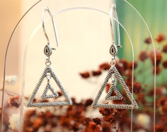 Triangle Patterned 925 Sterling Silver Filigree Earrings with Personalized Box