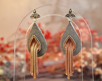 Floral and Metalic Tassel Patterned 925 Sterling Silver Filigree Earrings with Personalized Box