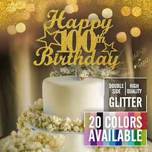 100th Birthday Cake Topper | Double-Sided Sparkle Party Decoration in 20 Colors | Elegant Party Cake Decoration | Birthday Decoration