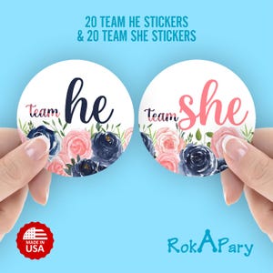 Gender Reveal Party Stickers – Set of 40 stickers - 2 Inch Glossy Team he Team she – Gender Reveal Decorations Favors