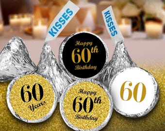 GLOSSY 60th Birthday Party Favor Stickers for Candy Bags, Decorations, Kisses Bottoms, Party Supplies (Candy Not Included) (SET OF 324)