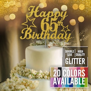 65th Birthday Cake Topper | Double-Sided Sparkle Party Decoration in 20 Colors | Elegant Party Cake Decoration | Birthday Decoration