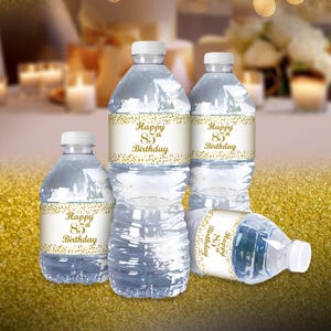 85th Birthday WaterBottle Labels – Set of 25 Glossy, Waterproof Gold and White Labels to Elevate Your Party Décor and Favors