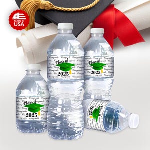 Class of 2025 Water Bottle Labels - Set of 25, Green School Color Graduation Party Decorations, Waterproof and Glossy Green Theme