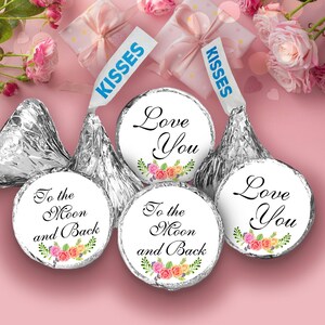 Set of 324 GLOSSY Stickers – Love You to the Moon and Back – Floral Round Labels for Wedding Favors Envelope Seals (Candy Not Included)