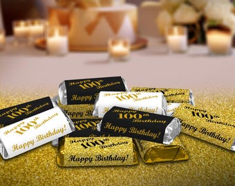 100th Birthday Minis Self-Adhesive Candy Wrappers | Set of 60 | Glossy Gold, Black, and White | (CANDY NOT INCLUDED)