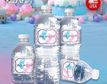 Set of 25 | Boy or Girl? | GLOSSY Waterproof Water Bottle Labels | Gender Reveal Party Decorations with Pink & Blue Footprints