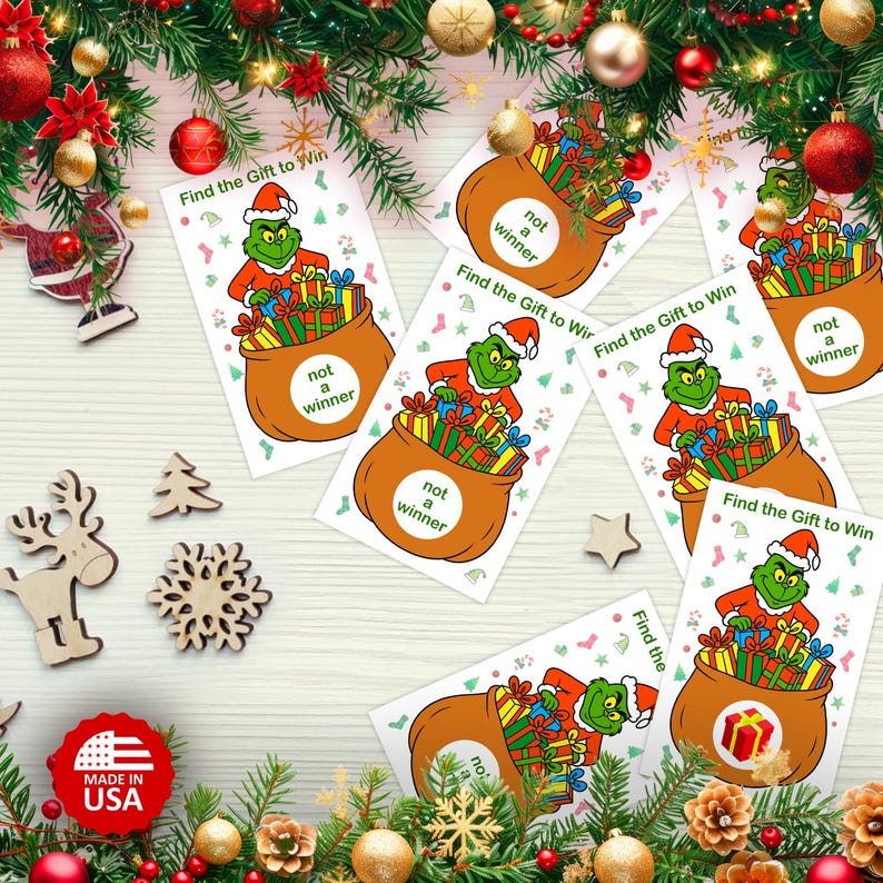 Grinch Raffle Grinch Party Game Scratch Off, Merry Christmas, Find the Gift Box to ...