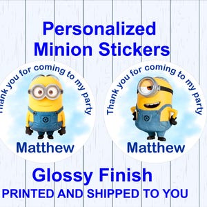 Personalized Minions Stickers with Name  (BOTH DESIGNS INCLUDED) 2-Inch Glossy Personalized Stickers  Perfect for Party Favors