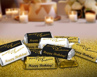 75th Birthday Minis Self-Adhesive Candy Wrappers | Set of 60 | Glossy Gold, Black, and White | (CANDY NOT INCLUDED)