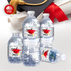 May include: Four clear plastic water bottles with labels that say "Class of 2025" in black text with a red graduation cap and gold tassel. The labels also have the words "Congrats" repeated many times.
