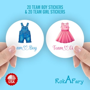 Overalls vs. Dresses Gender Reveal Party Stickers – Set of 40 stickers - 2 Inch Glossy Team Boy Team Girl – Gender Reveal Decorations Favors