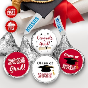 May include: Graduation party favor stickers featuring a red and white design with the text "2025 Grad!" and "Class of 2025" with a graduation cap.  Another sticker features a white background with black stars and the text "Congrats Grad!" with a diploma.