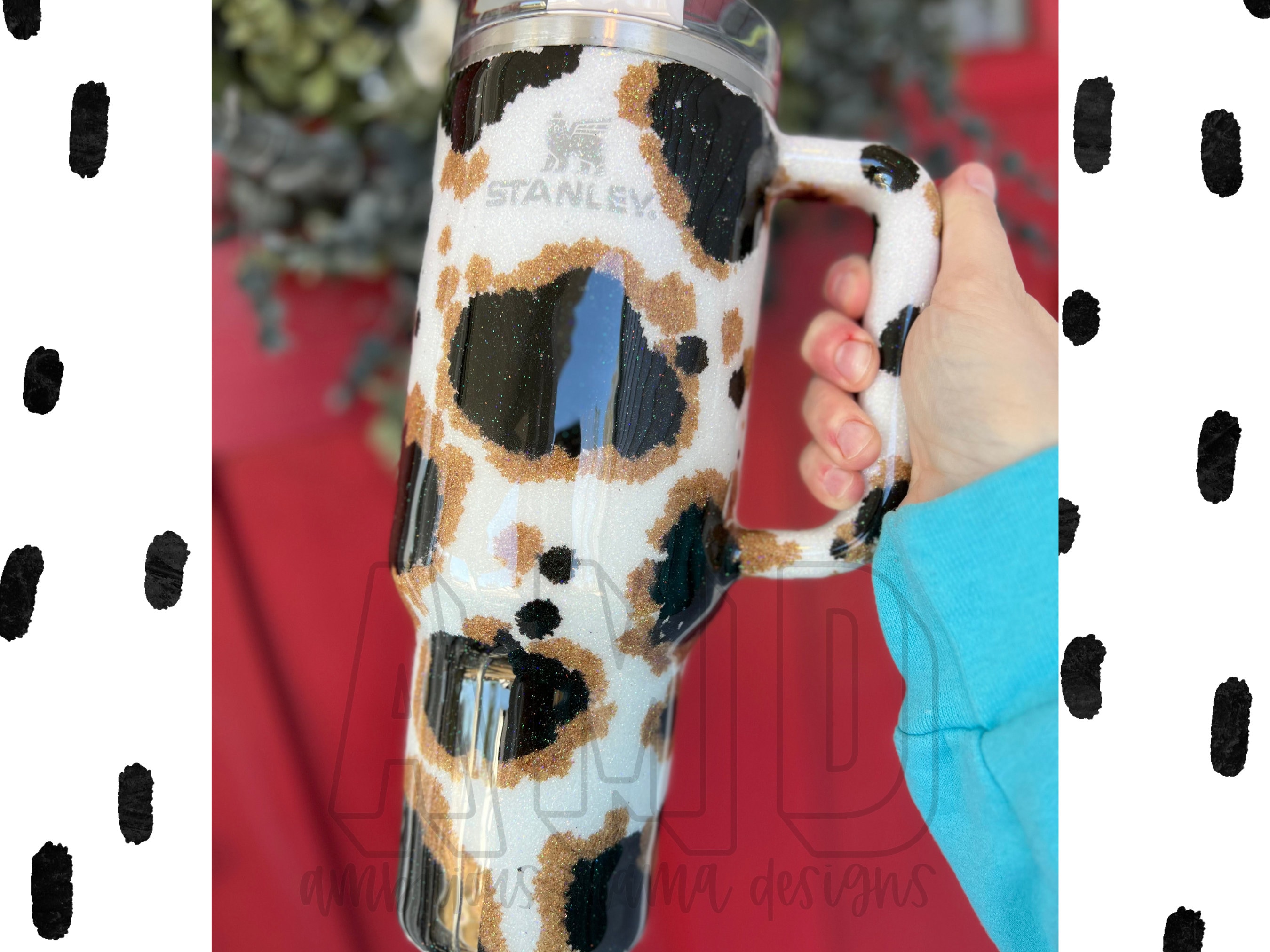 Black/White Cow Print Tumbler Cup with Handle - Southern Trends