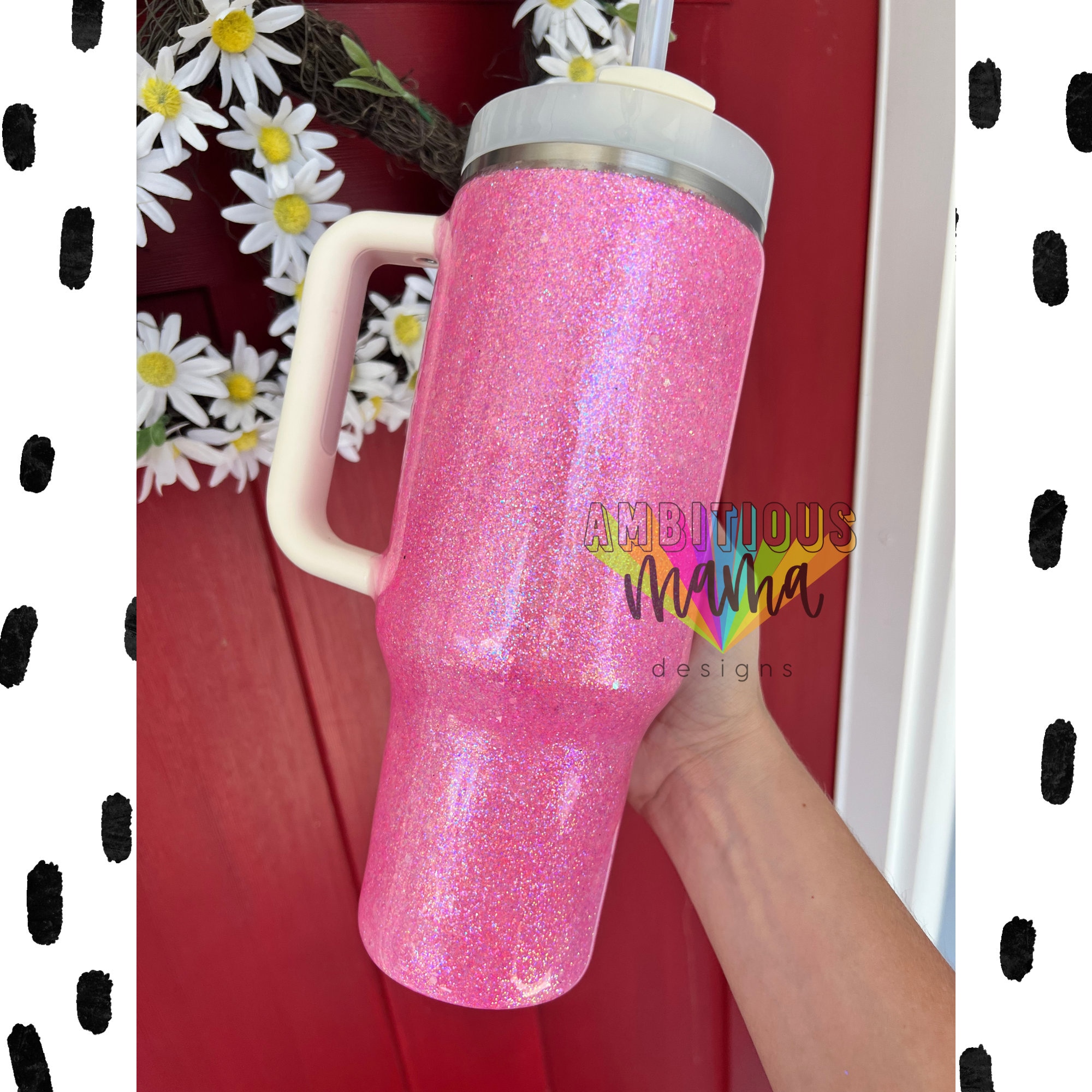 Pink 40oz tumbler with handle, Stanley Dupe with hand painted flower d –  The White Birch Studio