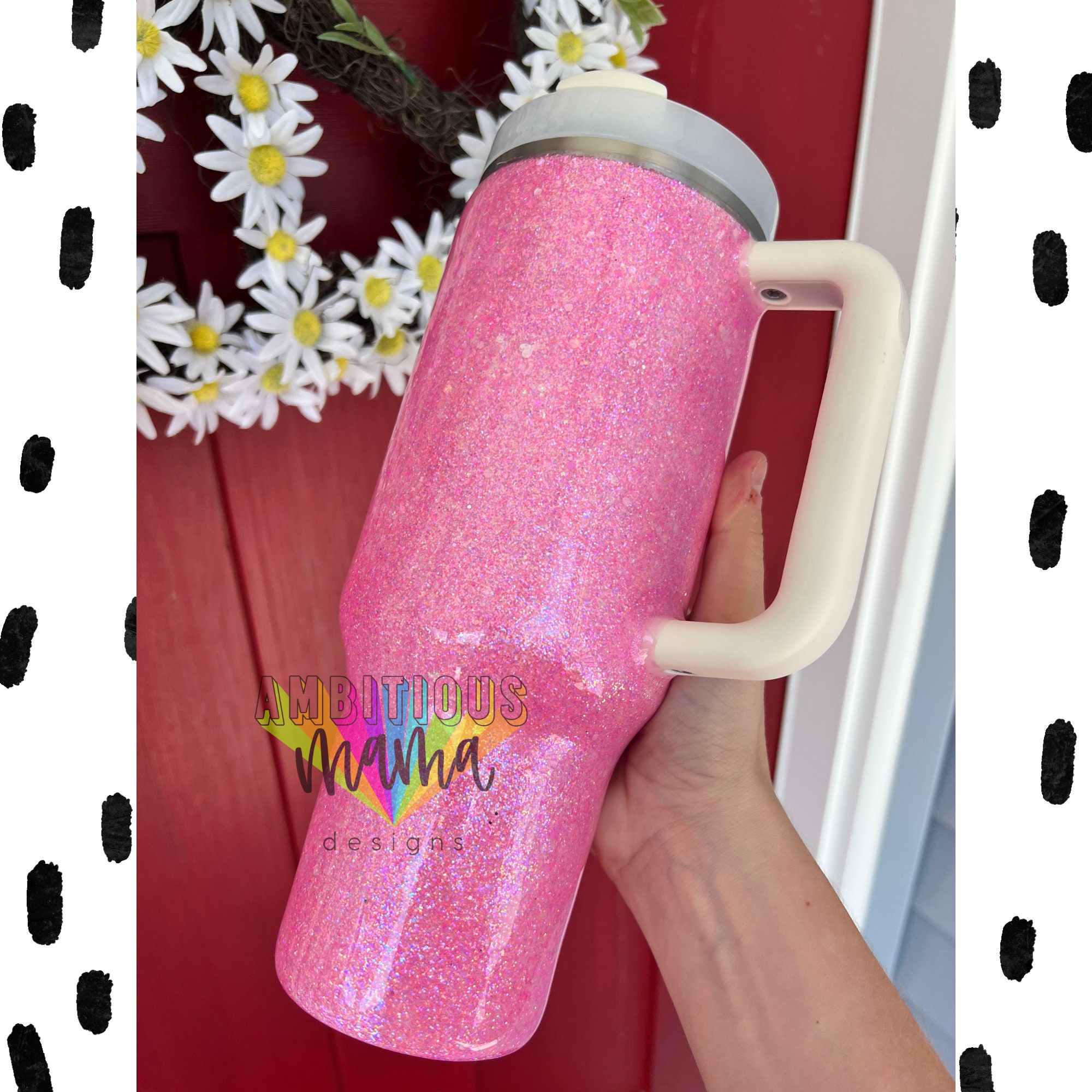 Pink 40oz tumbler with handle, Stanley Dupe with hand painted flower d –  The White Birch Studio