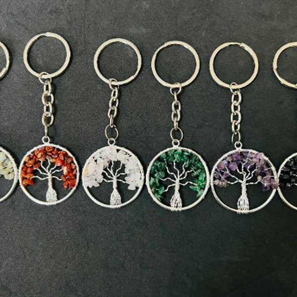 Crystal Chakra Keyring Gemstone tree of life Charm Key Fob Gift Reiki Healing, gemstone keyring, tree of life key ring,7 chakra keyring