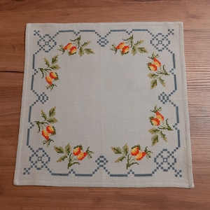 Vintage Cross stitch embroidery Light blue cotton fabric table mat, tbalecloth, Embroidered Scandinavian table mat (2)