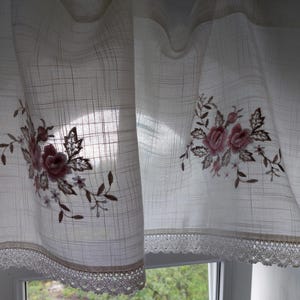 Cortina de cenefa de poliéster bordada floral vintage, cortina de café vintage, cortina de cocina (T1)