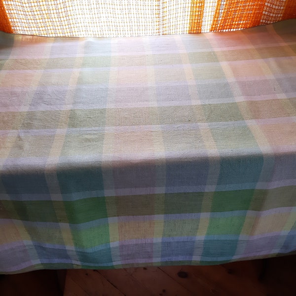 nappe en lin tissé vintage, nappe à carreaux, nappe rétro, nappe de taille M, cuisine tbalecloth, textile vintage scandinave (3)