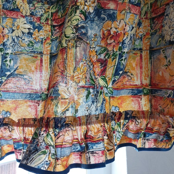 Rideau de cantonnière en coton imprimé floral vintage inutilisé, rideau de café floral, rideau de cuisine floral, rideau de bistrot, textile vintage (T10)