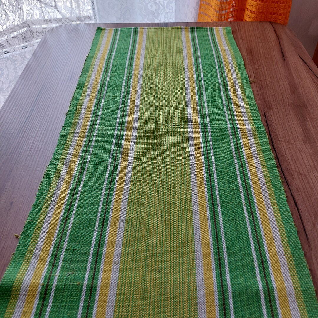 Vintage Woven Linen Green Short Table Runner, Table Topper, Table Dressing, Vintage Table Linens
