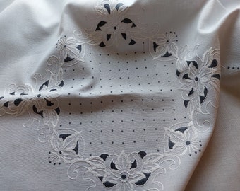 Vintage Hand embroidered light gray square linen tablecloth, Vintage kitchen tablecloth, tea table tablecloth, coffee table tablecloth (T9)