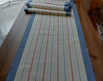 May include: A striped table runner with blue, white, and red stripes. The runner is made of a woven fabric and has a fringed edge.