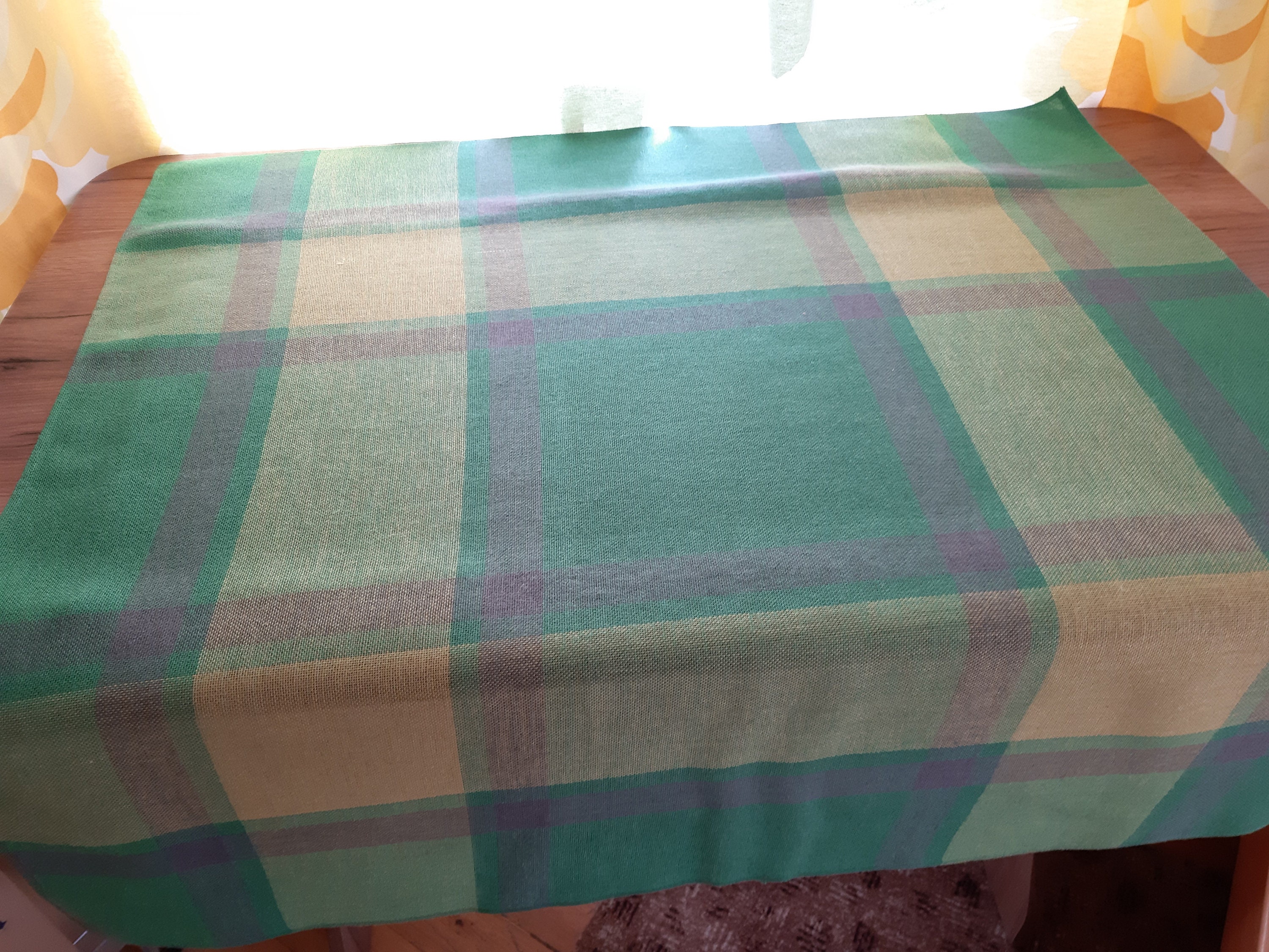 Vintage Woven Green Yellow Brown Synthetic Wool Tablecloth , Itchen