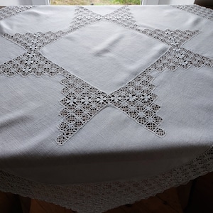 Fine work handmade square white tablecloth , vintage table cover , retro design , Vintage home textile (T8)